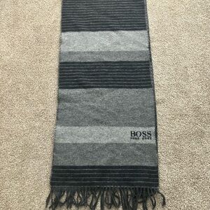 BOSS Hugo Boss Charcoal and Black 100% Wool Scarf Made in Germany